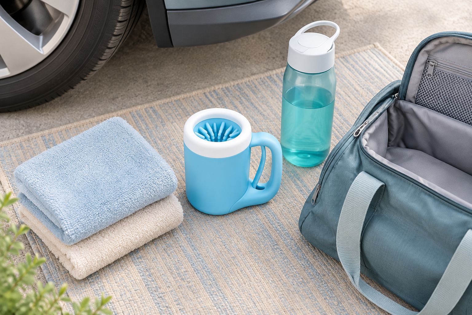 Empty paw-cleaning cup, towels, closed water bottle, and wet-gear bag beside a parked car