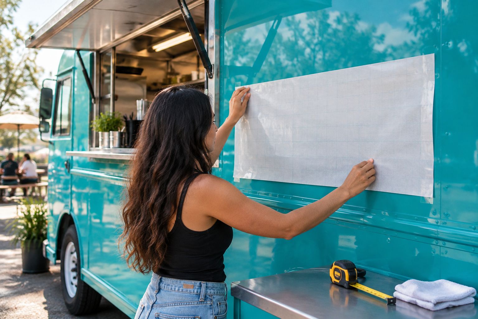 Hands checking a transfer sheet position on a food truck panel before application