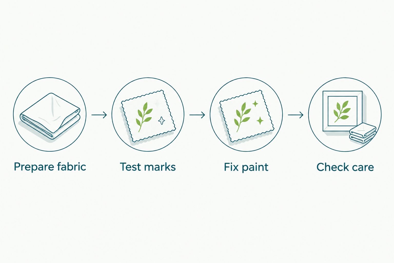 Fabric design process: prepare fabric, test marks, fix paint and check care