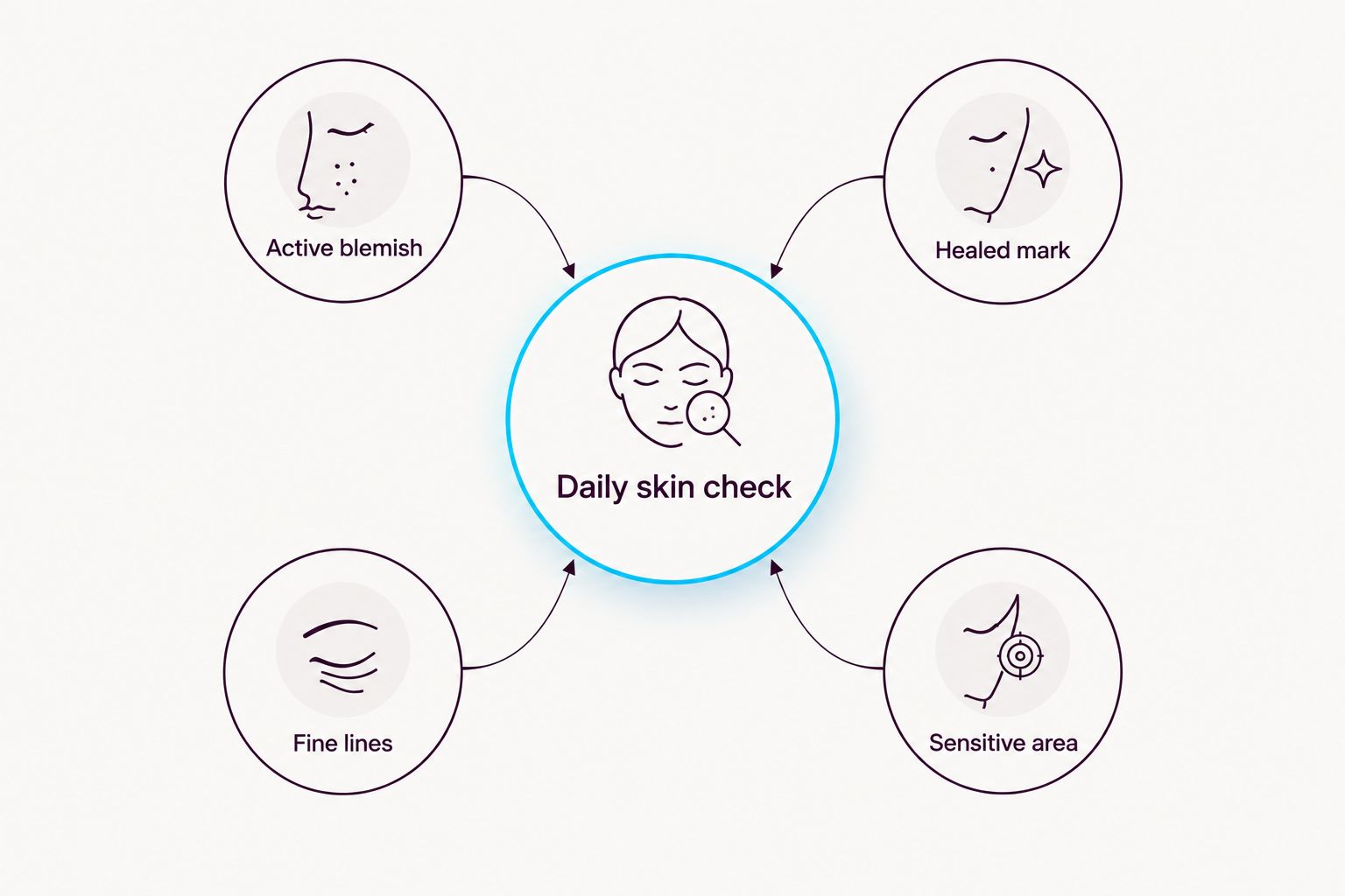 Diagram separating active blemishes, healed marks, fine lines, and sensitive areas