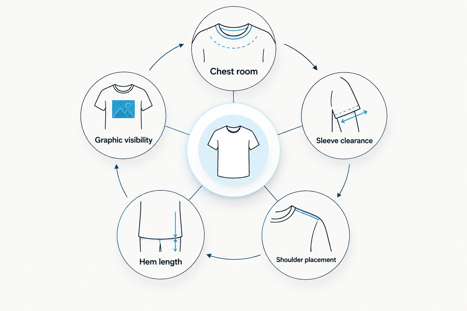 Five fit checks covering chest, sleeves, shoulders, hem, and graphic visibility
