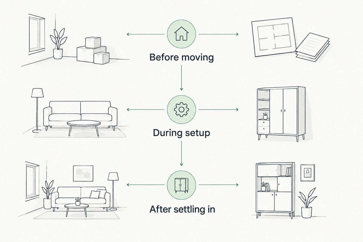 Three phases for apartment repairs: before moving, during setup, and after settling in