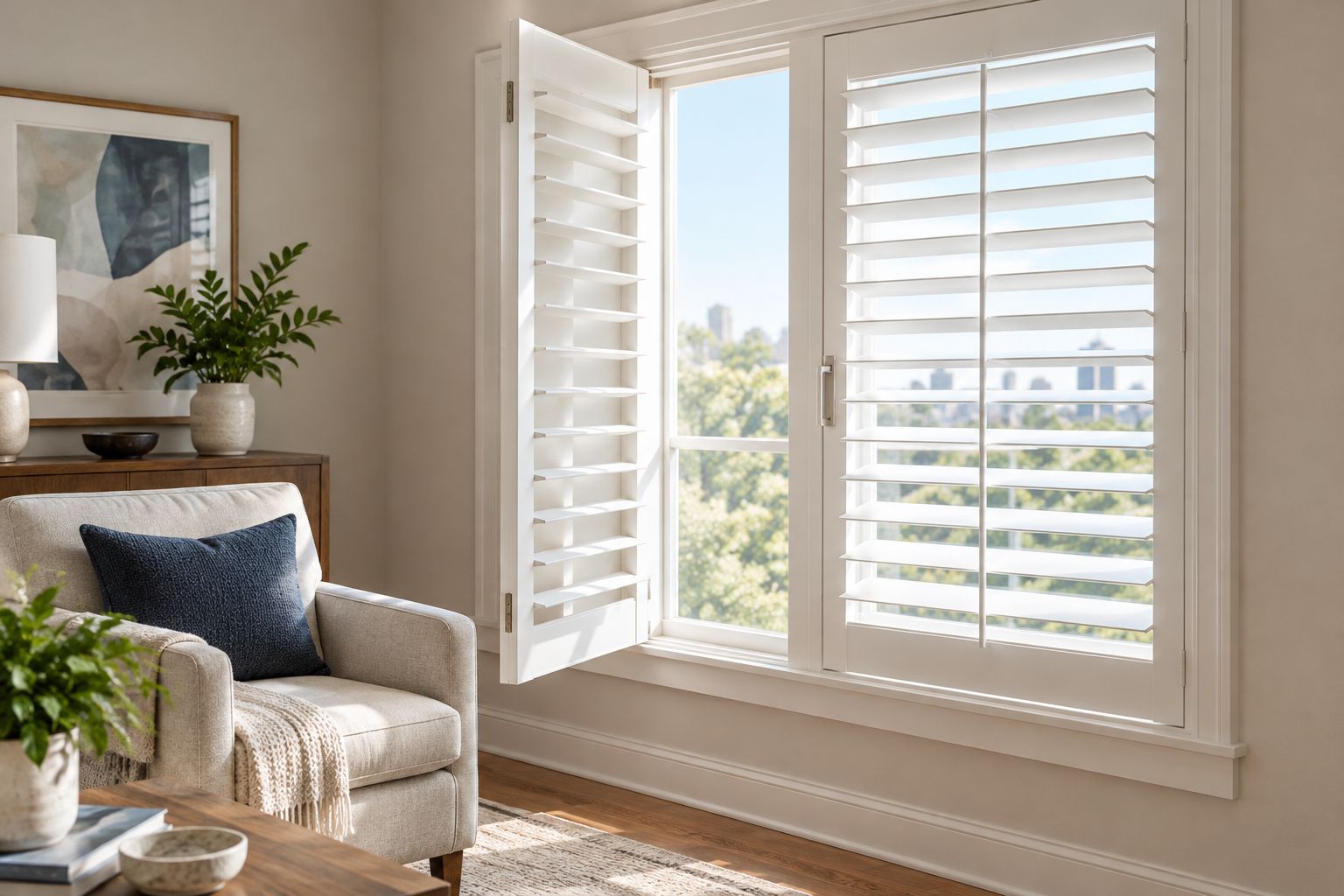 Plantation shutters showing an open panel, tilted louvers, window hardware, and nearby furniture