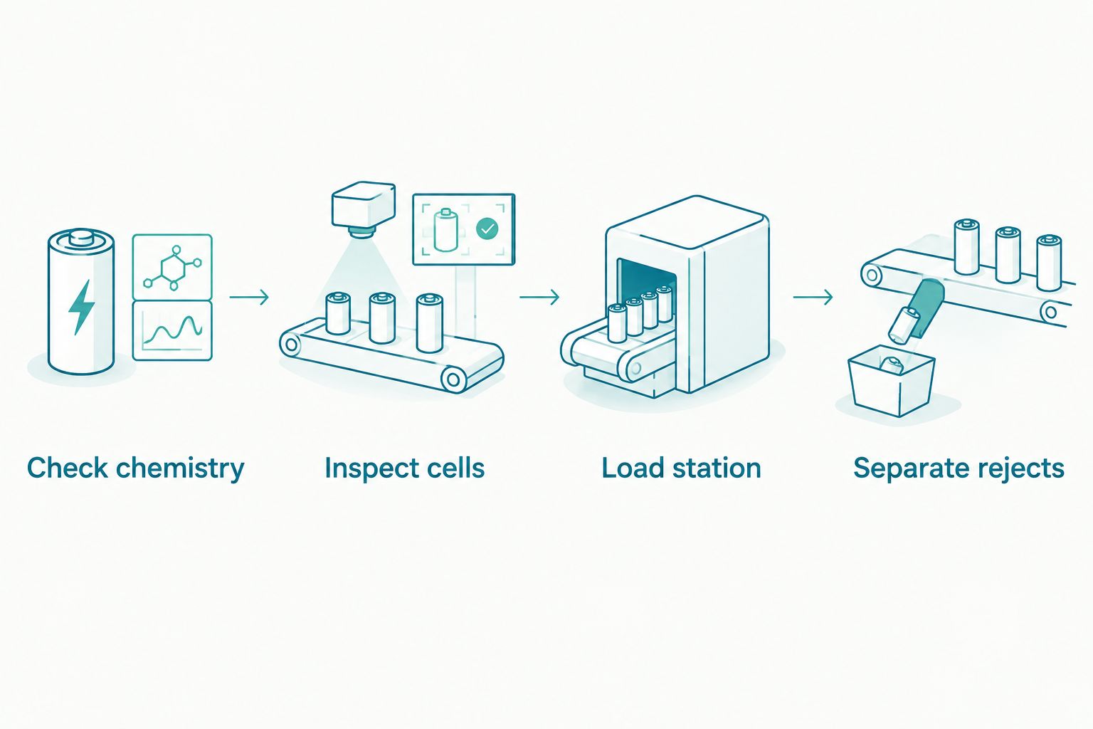 Battery workflow from checking chemistry and inspecting cells to loading the station and separating rejects.