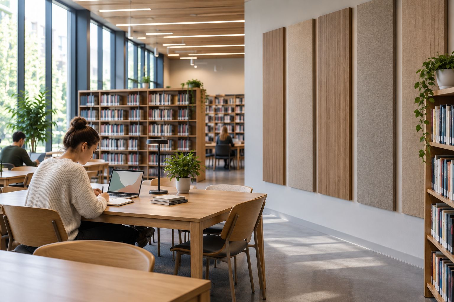 Lesesaal einer Bibliothek mit Holz-Akustikpaneelen an der Wand
