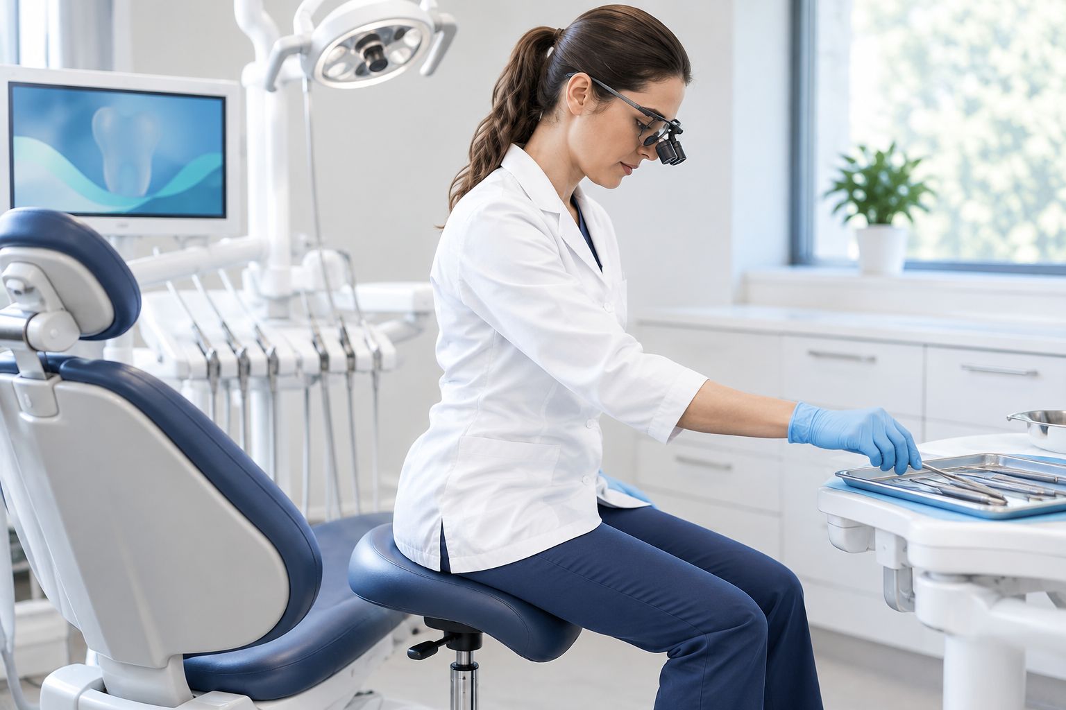 Dental professional using an ergonomic stool and properly positioned instrument tray