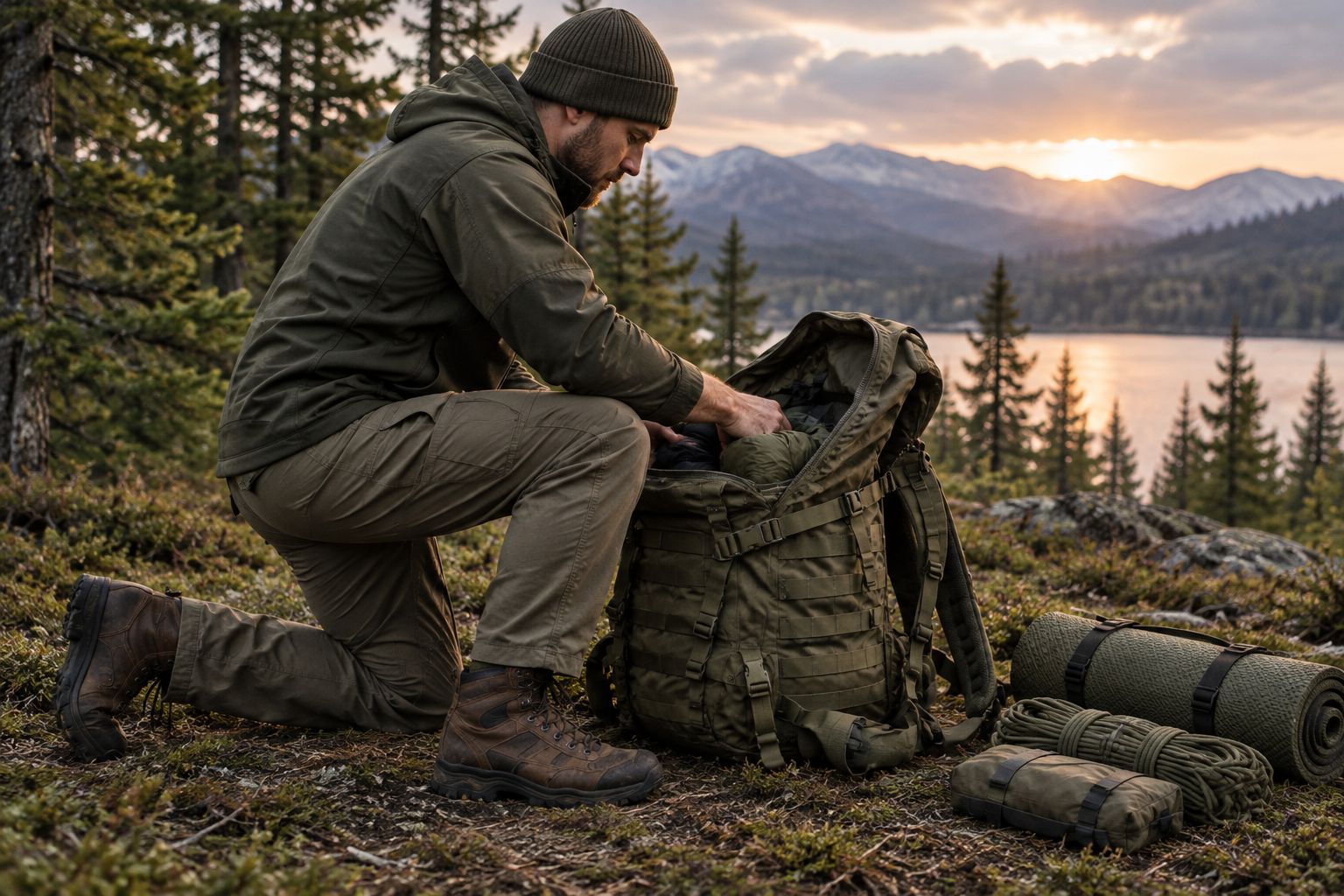 Instructor checking clothing movement while kneeling beside a packed rucksack