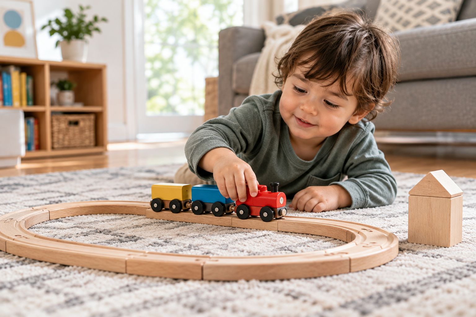 Toddler moving a wooden toy train around a simple loop beside a pretend stop