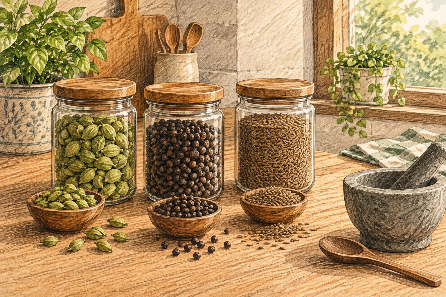 Whole cardamom, pepper and cumin in closed jars beside a dry spoon and mortar