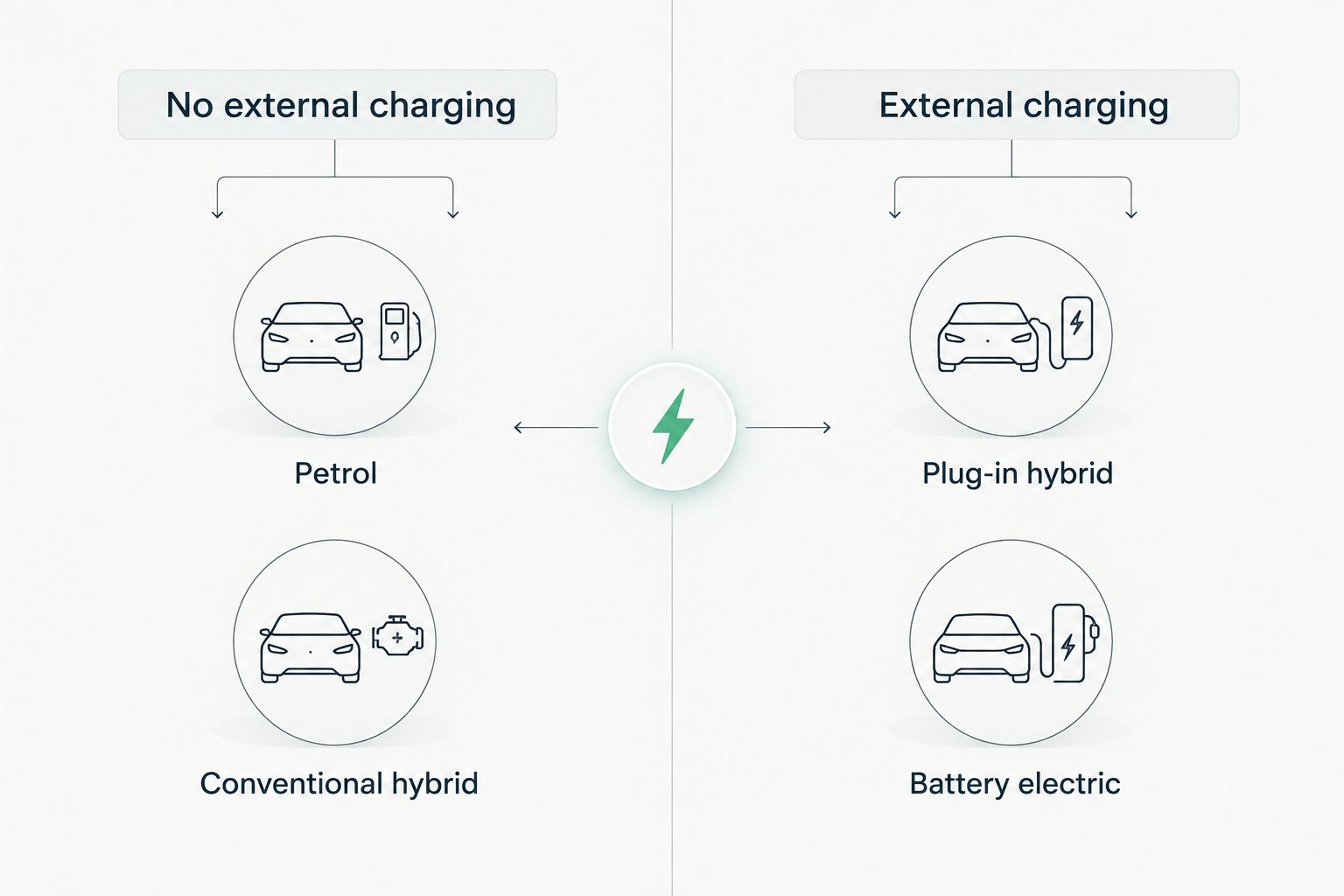 Comparison of petrol and conventional hybrid vehicles with plug-in hybrid and battery-electric charging needs.