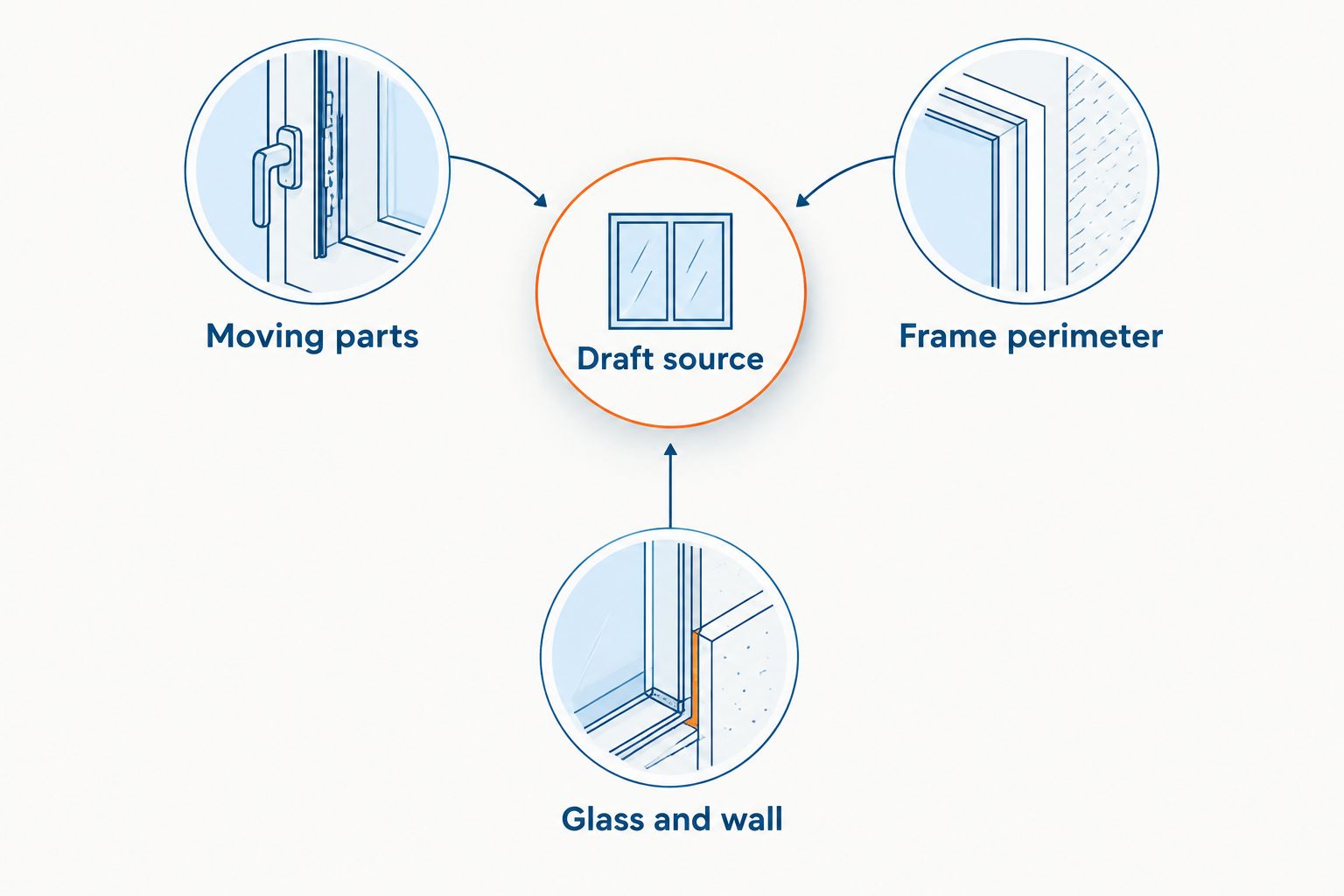 Window draft inspection diagram showing moving parts, the frame perimeter, and glass and wall areas.