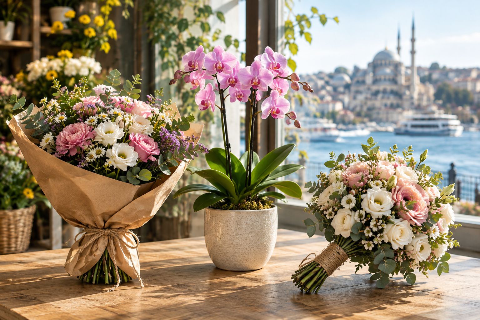 A cut-flower bouquet, a potted orchid, and a hand-tied bridal bouquet shown side by side.
