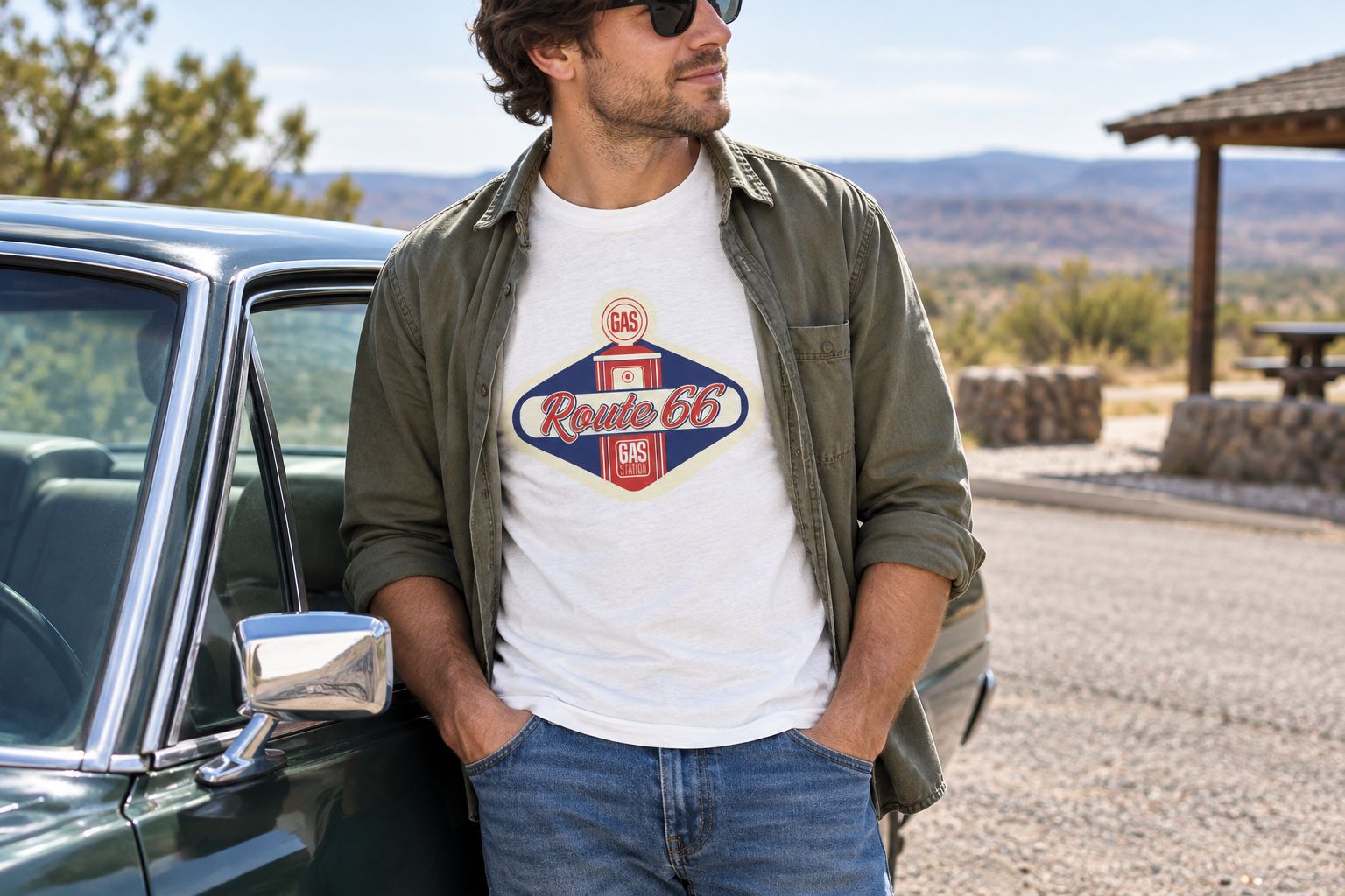Route 66 graphic tee worn with plain jeans and an open casual overshirt