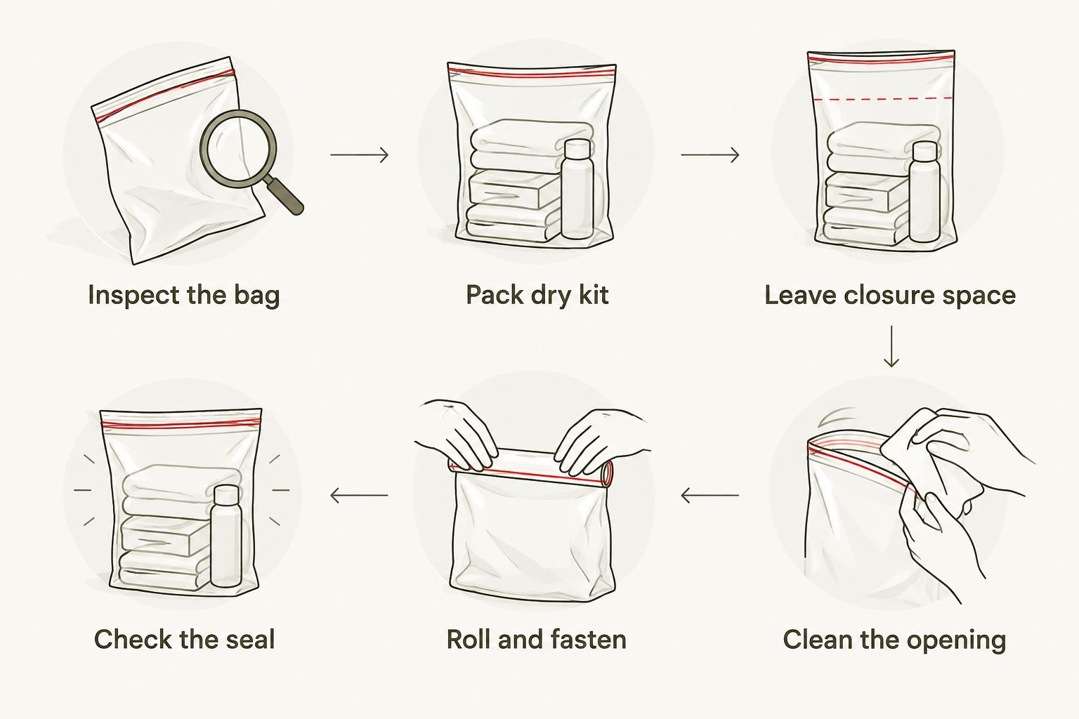 Six checks for packing and closing a roll-top dry bag correctly