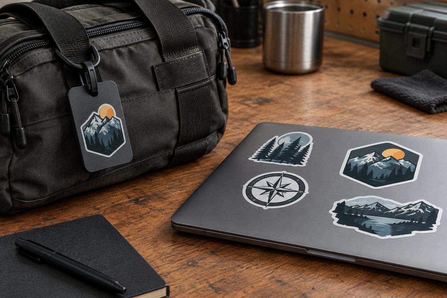 Sticker placed on a range-bag tag beside a larger unmarked laptop