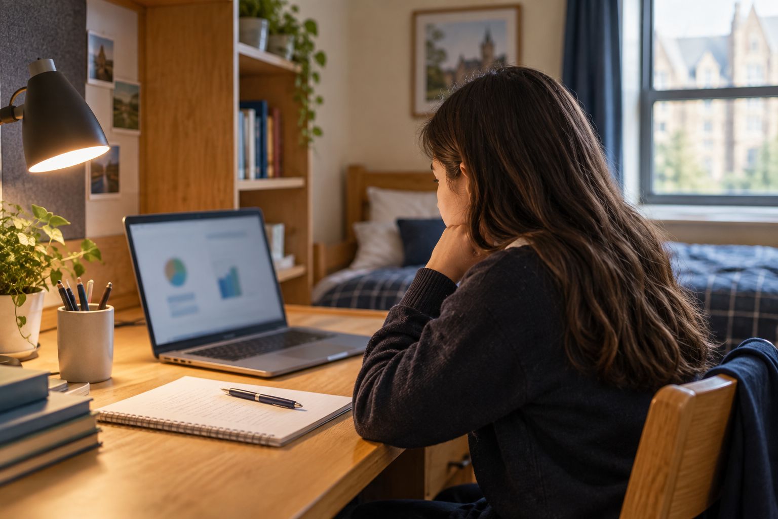 Student studying alone at a desk in a boarding school dorm room