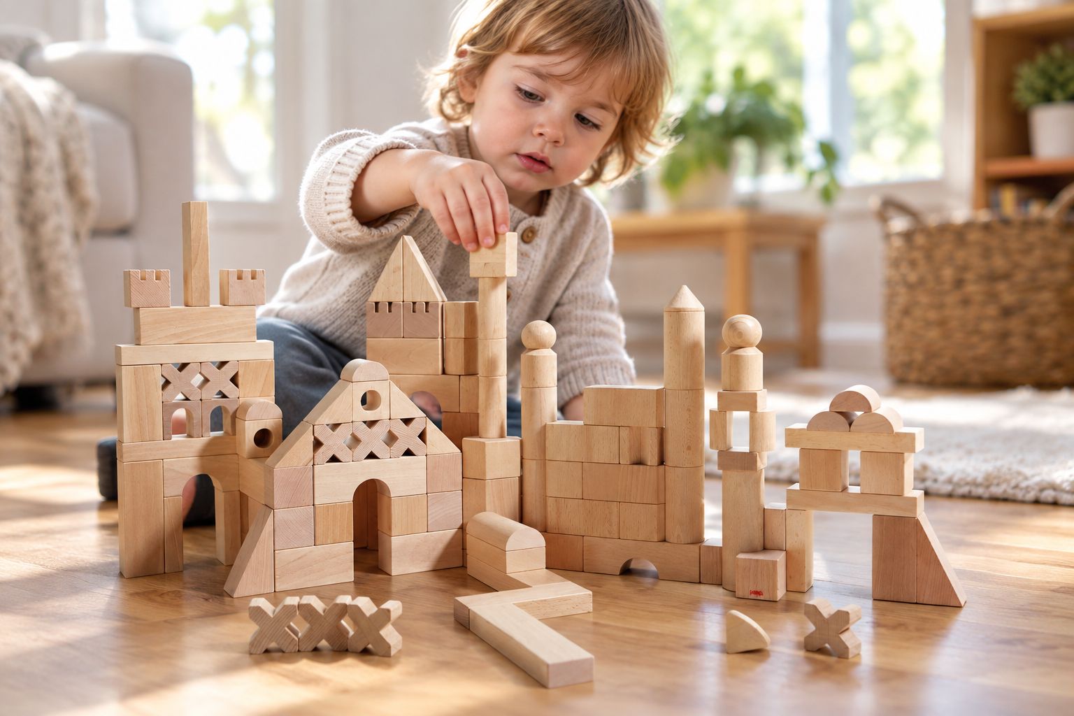 Toddler stacking wooden building blocks into a tower