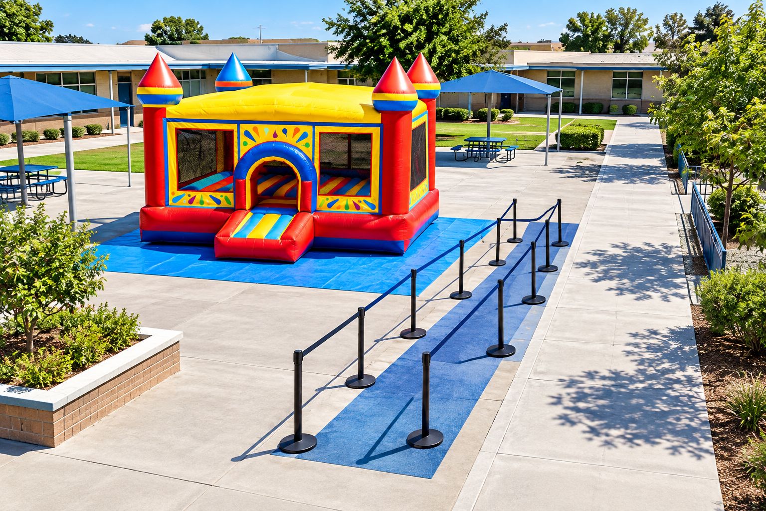 School courtyard with separate inflatable activity space, queue and pedestrian walkway