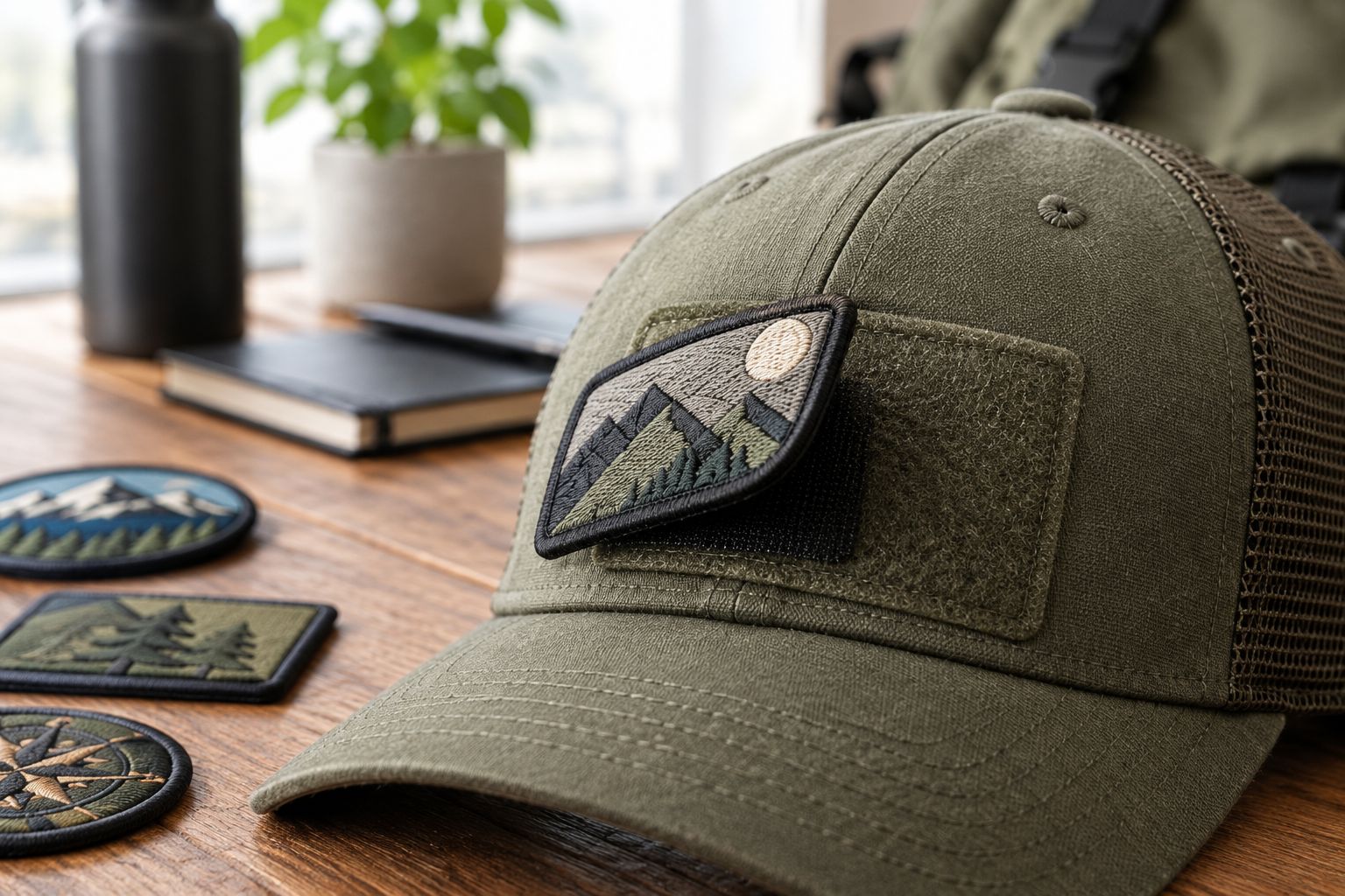Close-up of a velcro patch attaching to a hat's hook-and-loop panel