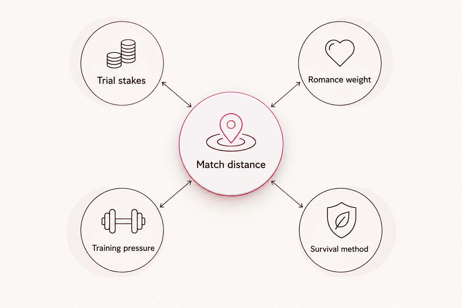 Five reading criteria connecting trial stakes, romance, training, survival, and similarity.
