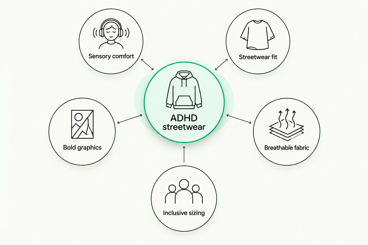 Hub and spoke diagram of ADHD streetwear buying criteria