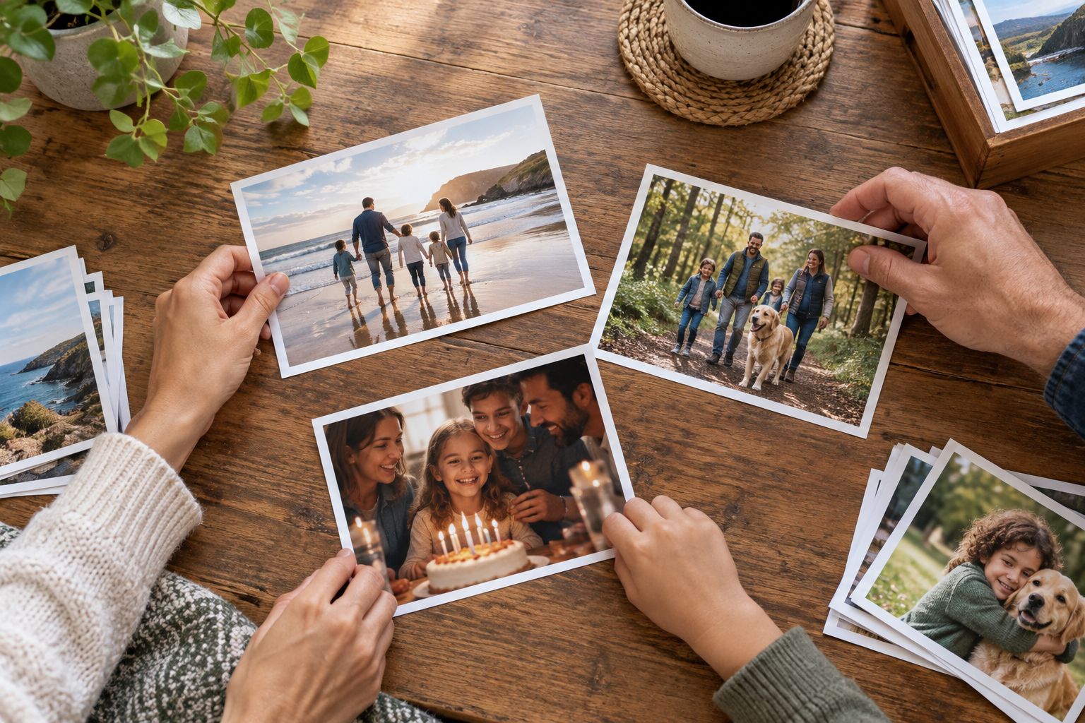 A varied selection of family photographs being arranged on a table.