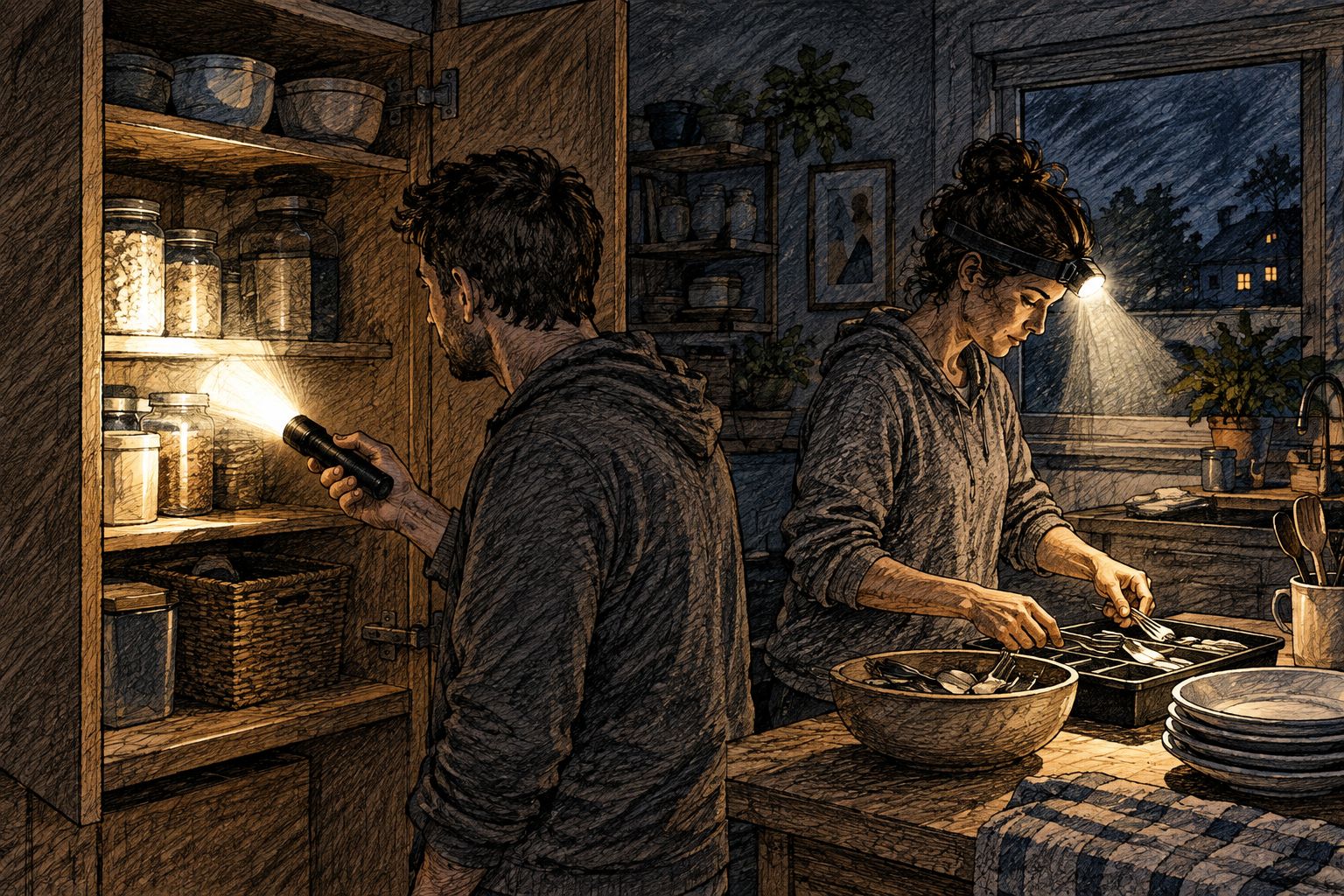 Handheld lighting for a cupboard check beside head-worn lighting for a two-handed task