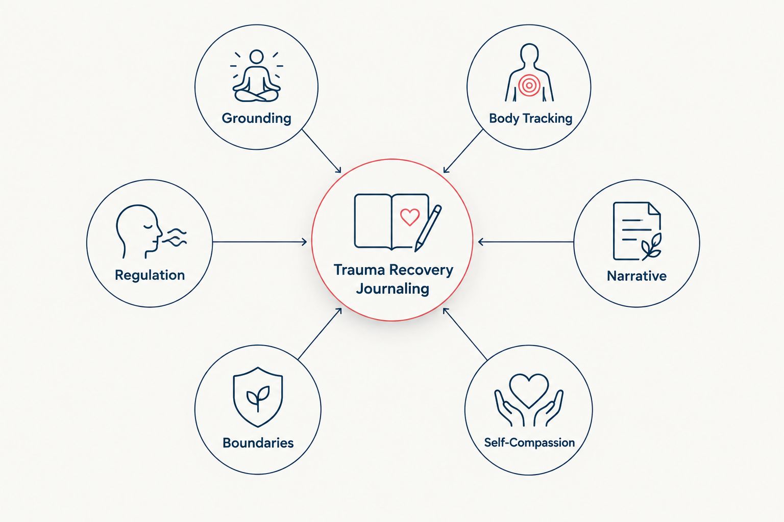 Hub and spoke diagram of six trauma recovery journaling prompt categories