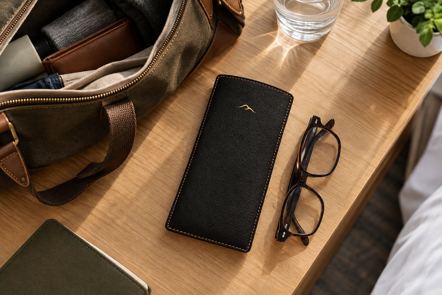 Camel leather eyeglasses pouch beside folded glasses and an open day bag
