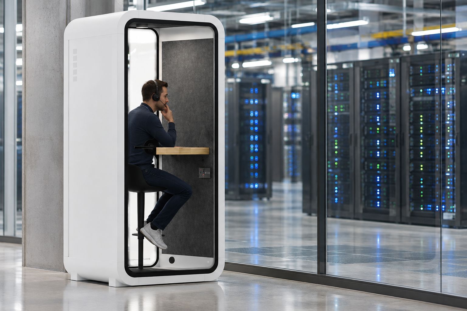 Solo office pod placed at the edge of a data centre floor