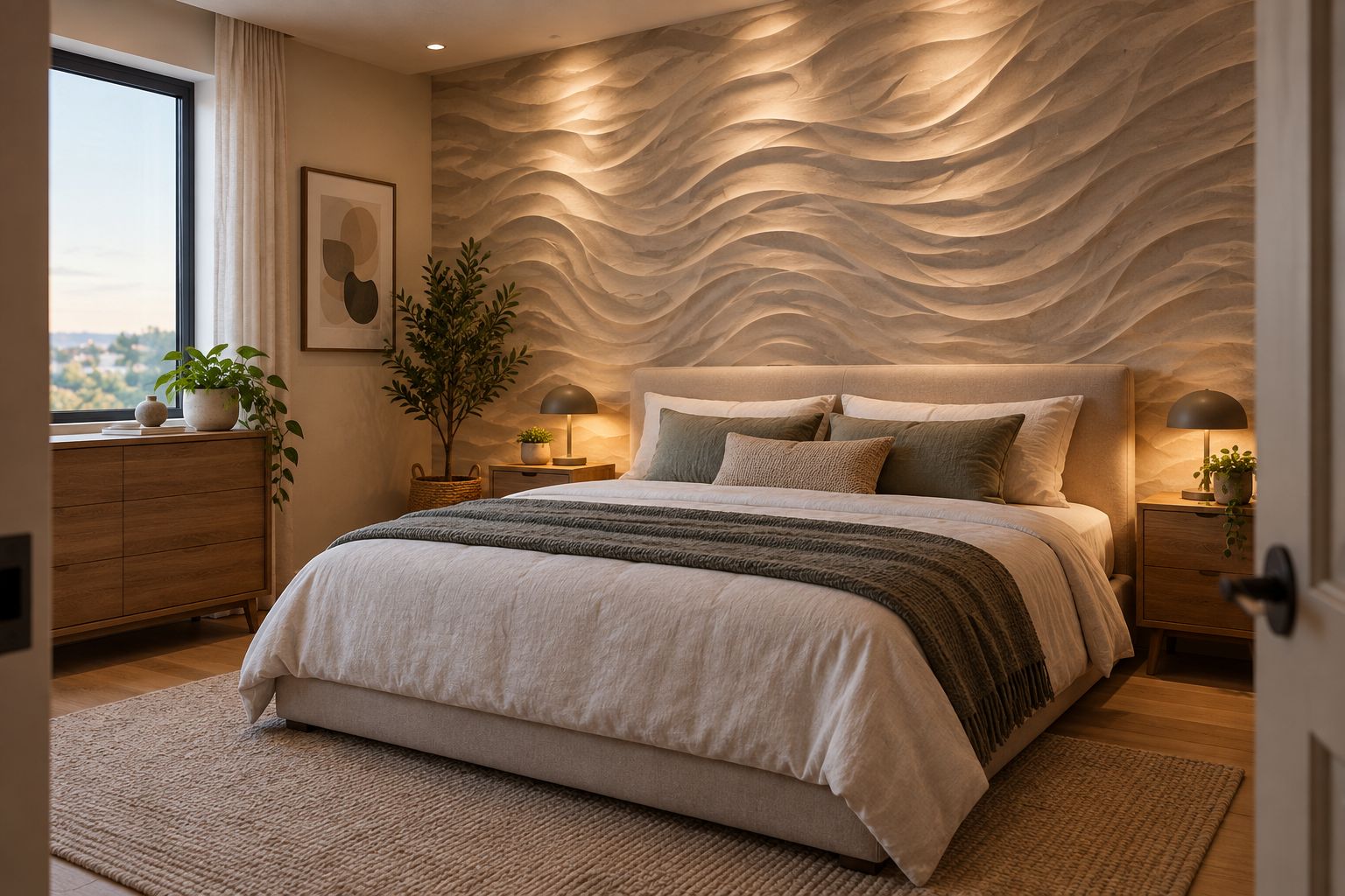 Quarto com parede de textura visual discreta atrás da cama