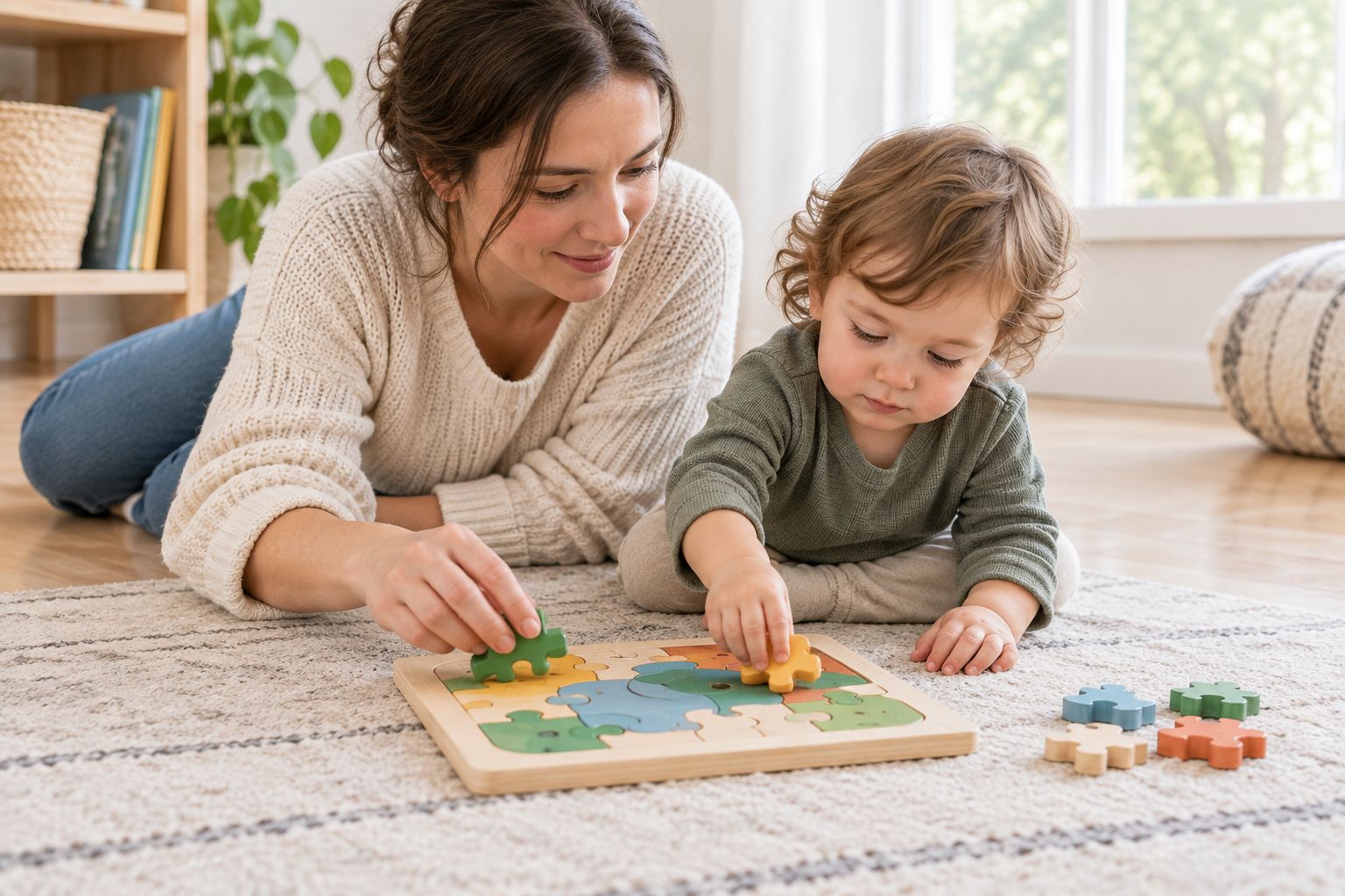 Parent and toddler arranging wooden puzzle pieces together on a clear indoor floor