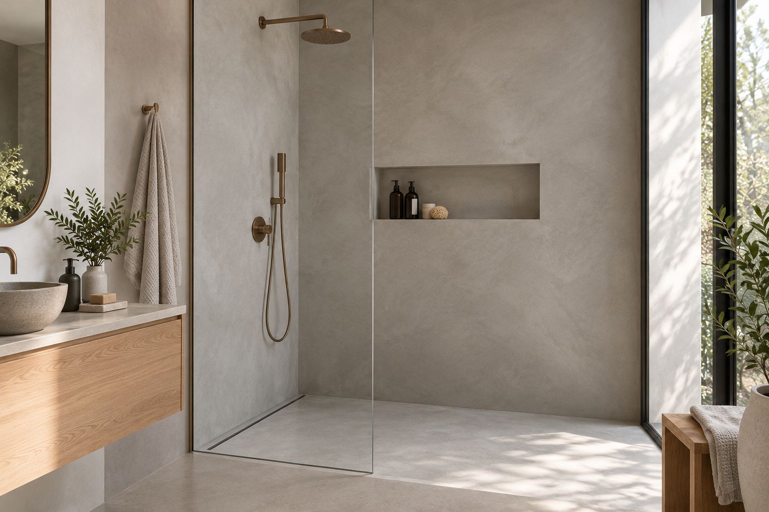 Walk-in shower with continuous microcement walls and subtle hand-applied texture