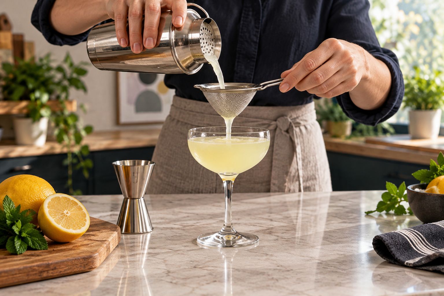 A citrus cocktail being double-strained into a coupe at a home mixing station.