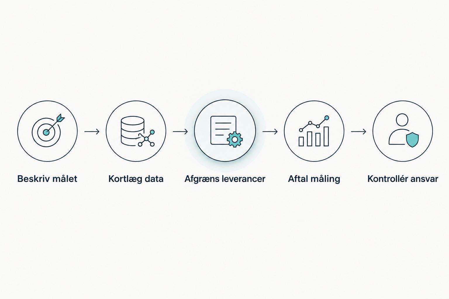 Forløb fra mål og datagrundlag til afgrænsede leverancer, måling og ansvar.