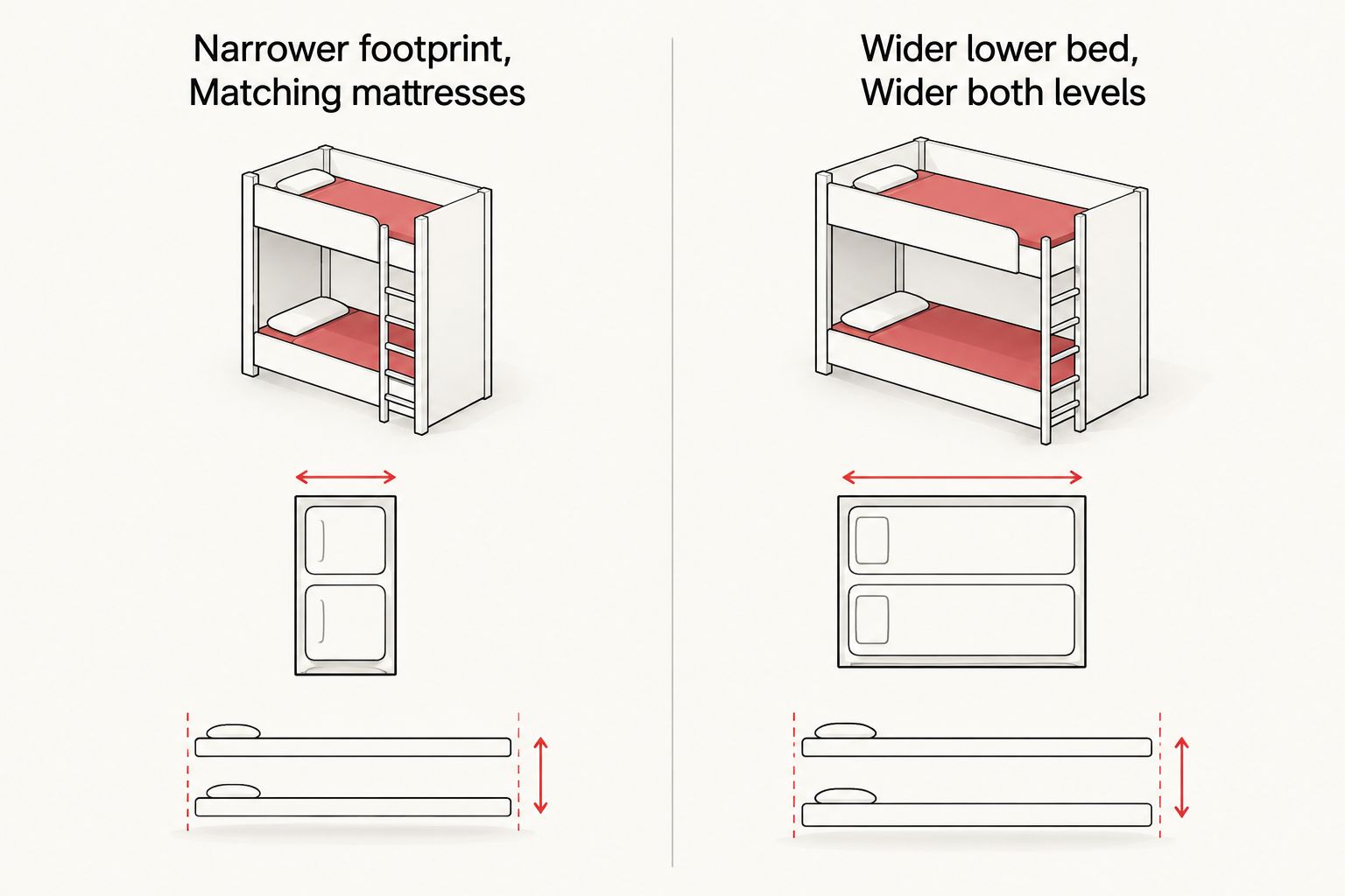 Comparison of narrower and wider bunk-bed sleeping arrangements