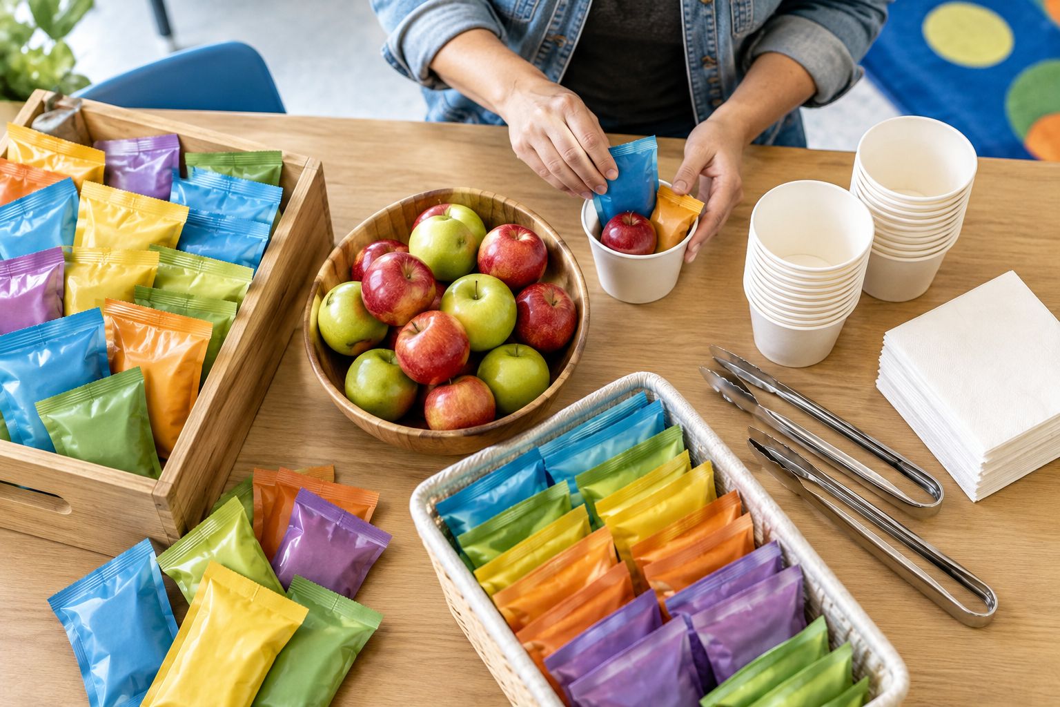 School-event snacks and clean serving supplies arranged in separate groups on a packing table.