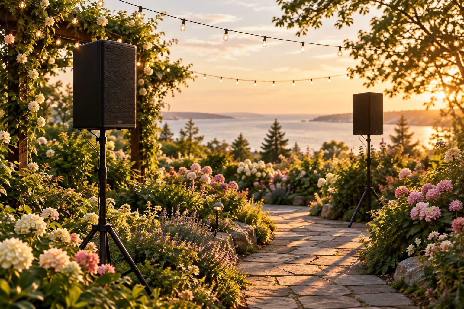 Speakers set up along a garden path for an outdoor wedding ceremony