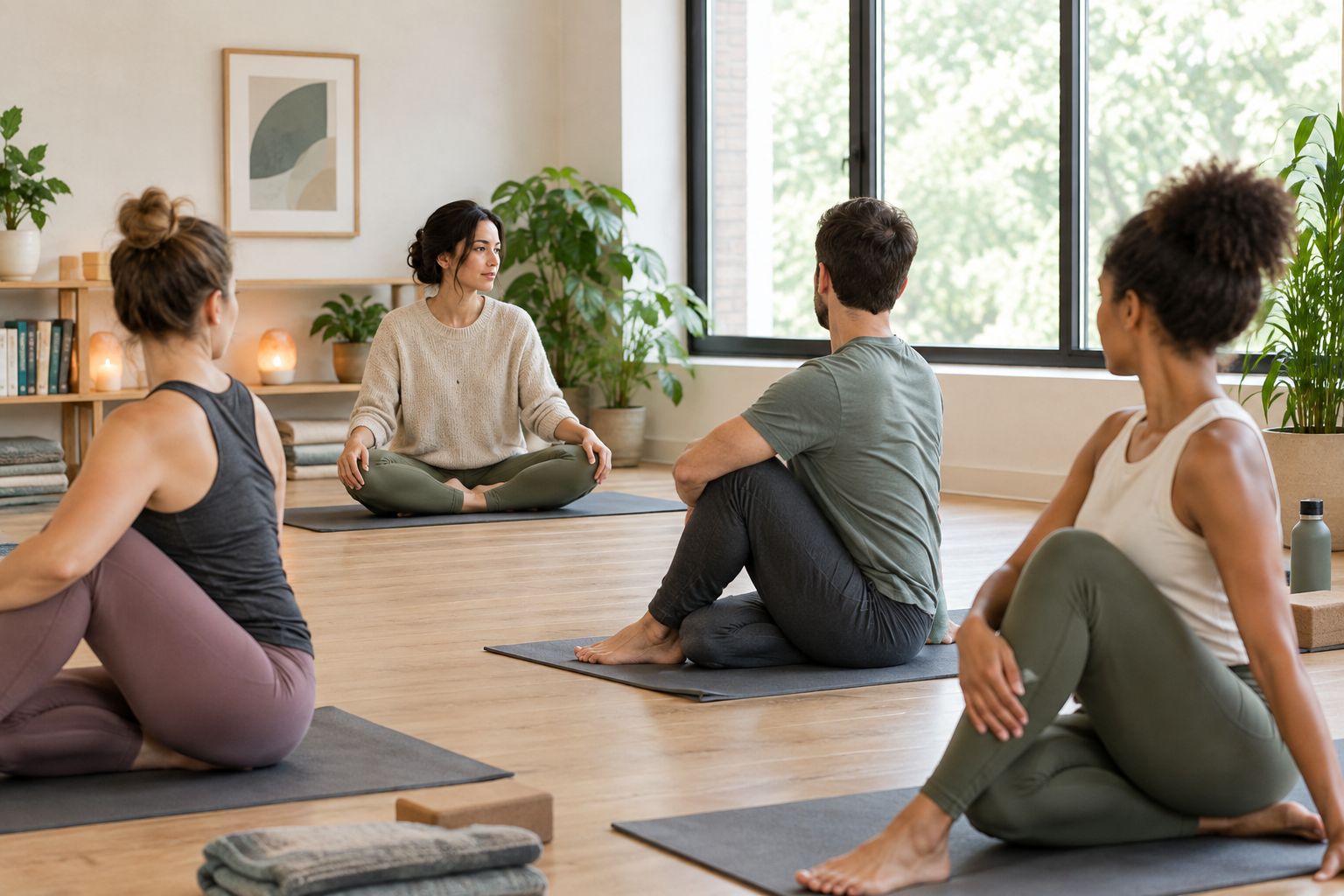 Small group practicing gentle somatic yoga in a studio