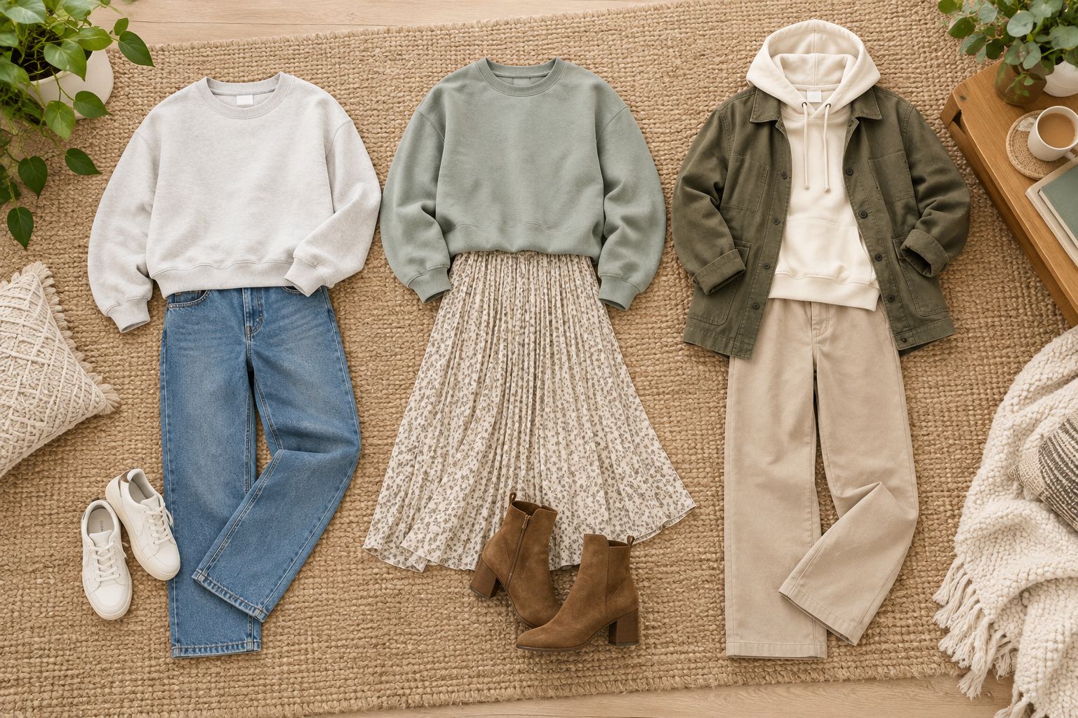 Three sweatshirt outfit ideas with denim, a midi skirt, and a jacket