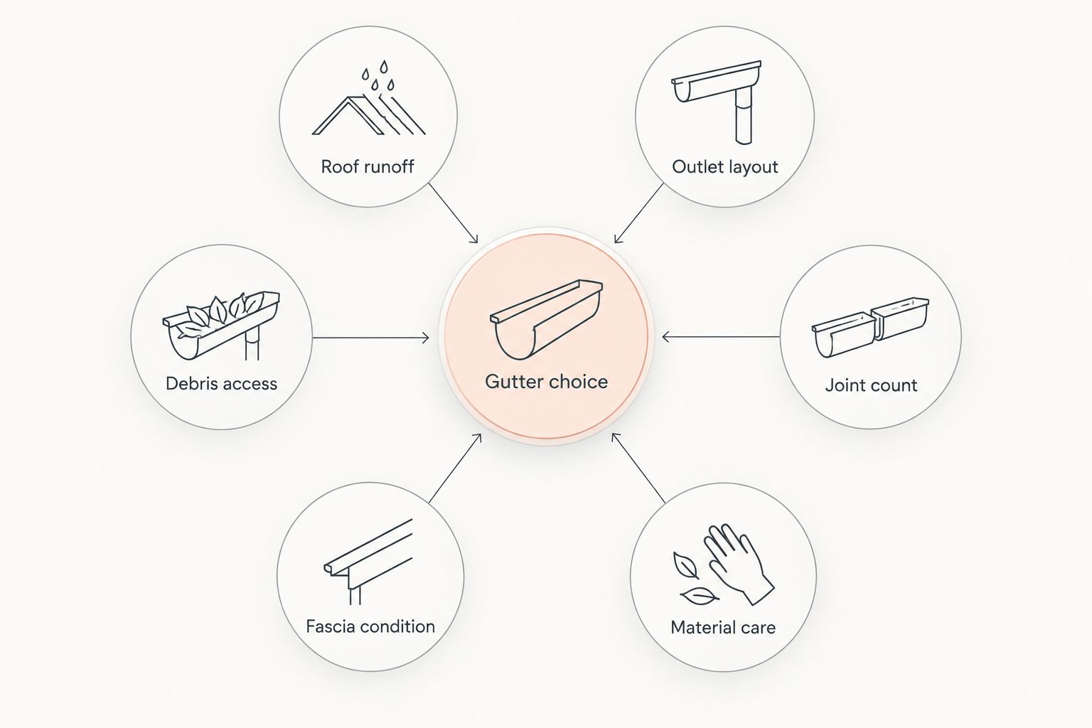 Six criteria for choosing K-style gutters, from roof runoff to debris access