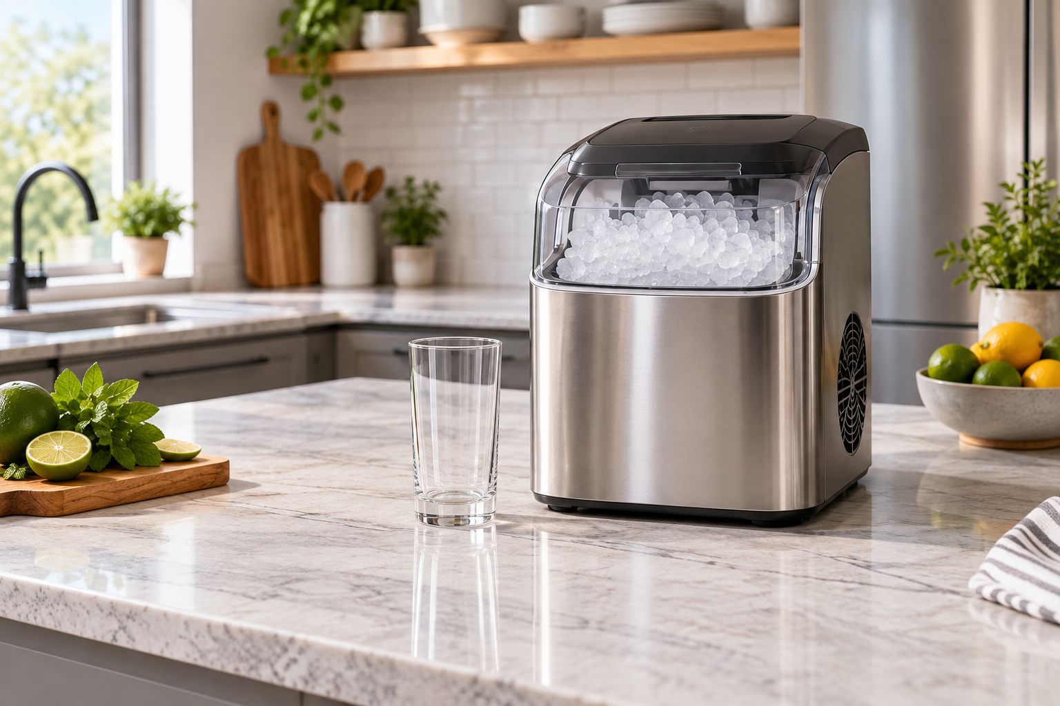 Countertop ice maker placed in a home kitchen with space around it