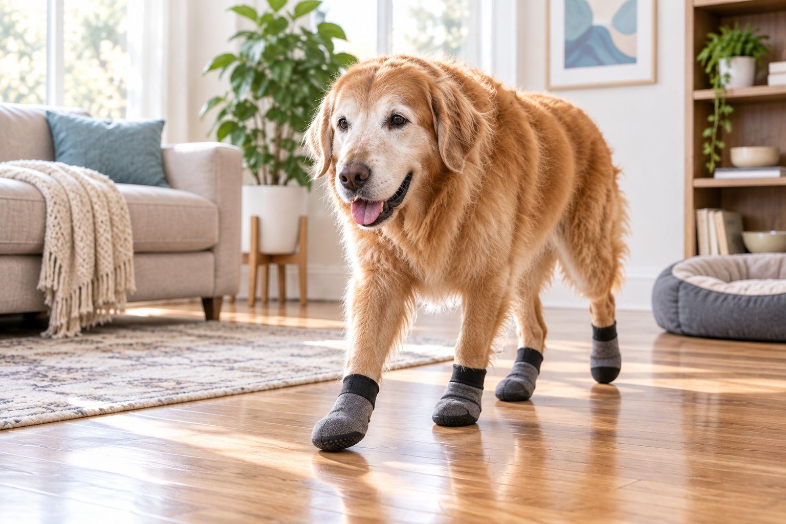 Senior dog wearing grip socks walking on a hardwood floor