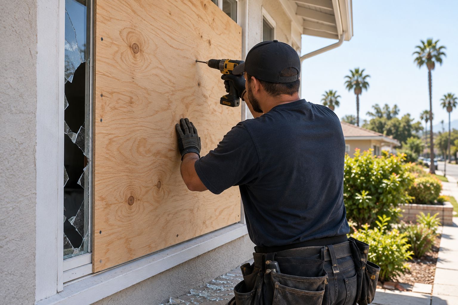 Person securing a broken window with a plywood sheet from outside a home