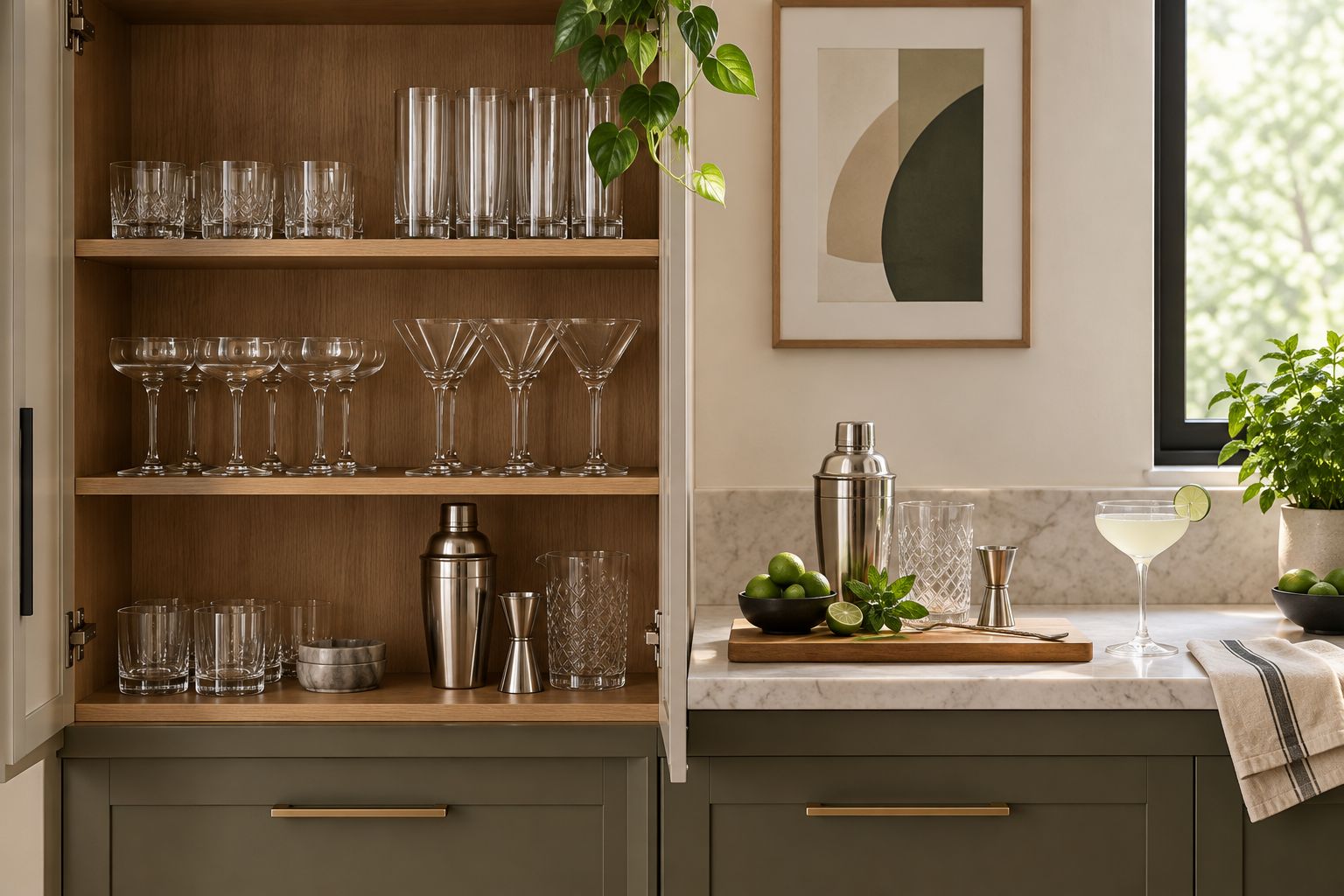 Home bar glasses grouped by type in a cabinet beside a preparation surface