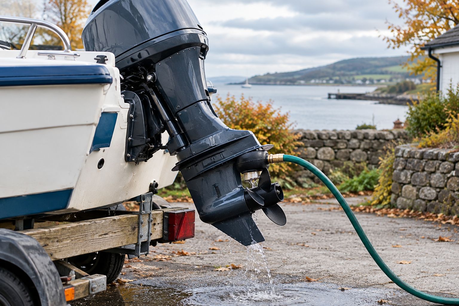 Outboard engine being flushed with a hose attachment before winter storage