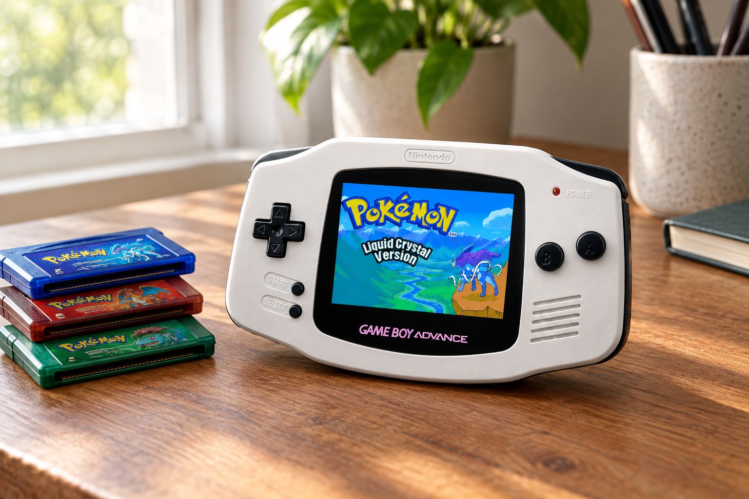 Refurbished Game Boy Advance with an IPS V5 screen sitting on a desk