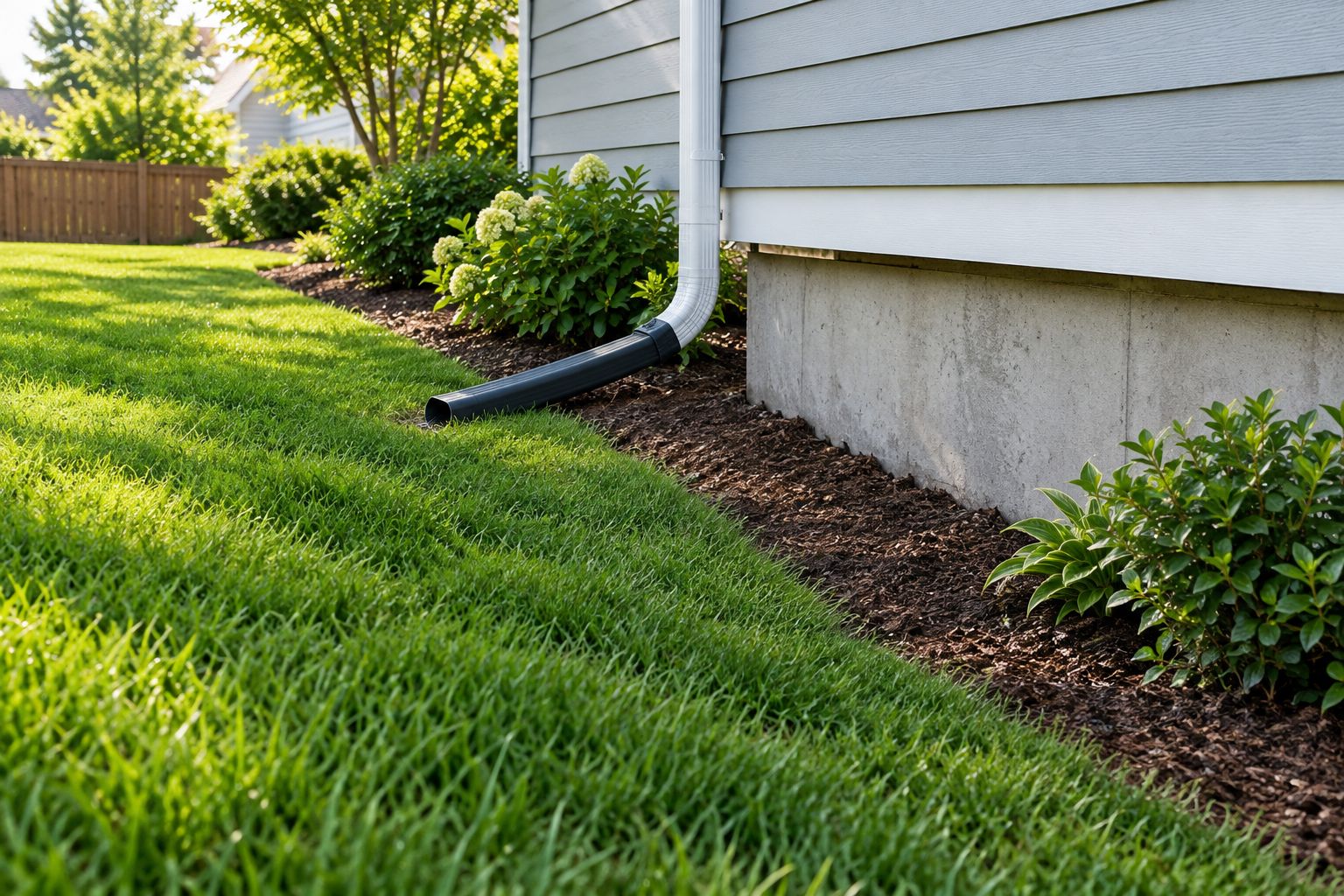 Foundation bed sloping away from a house with a downspout extension directed toward the lawn