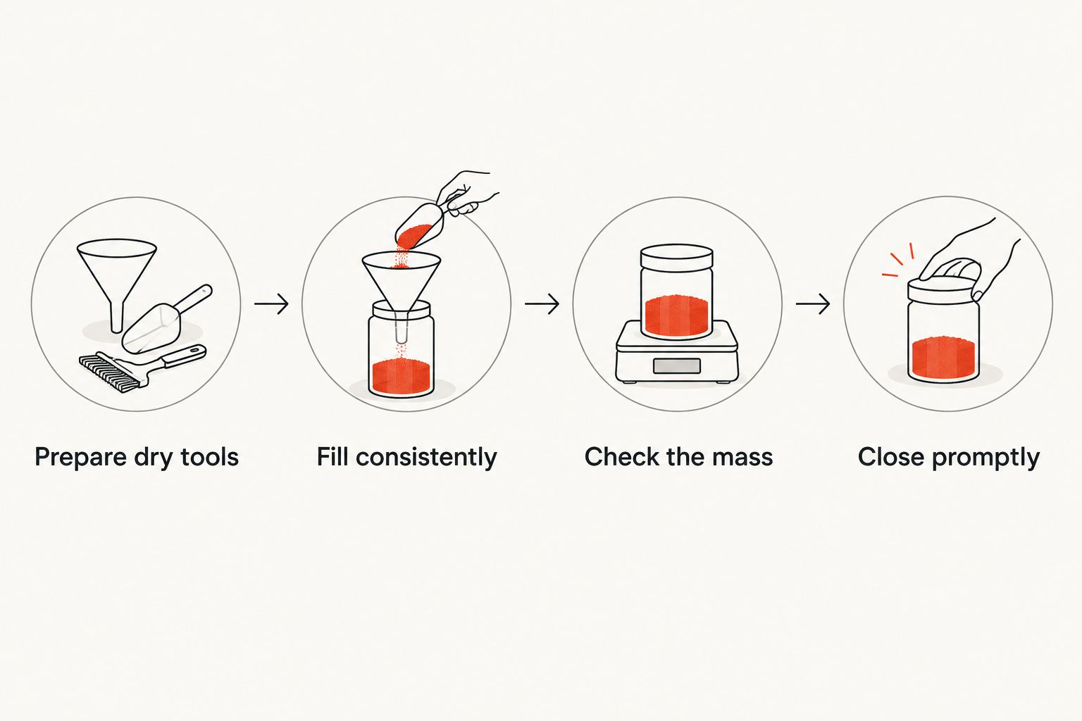 Four steps for dry, consistent matcha portioning and prompt container closure