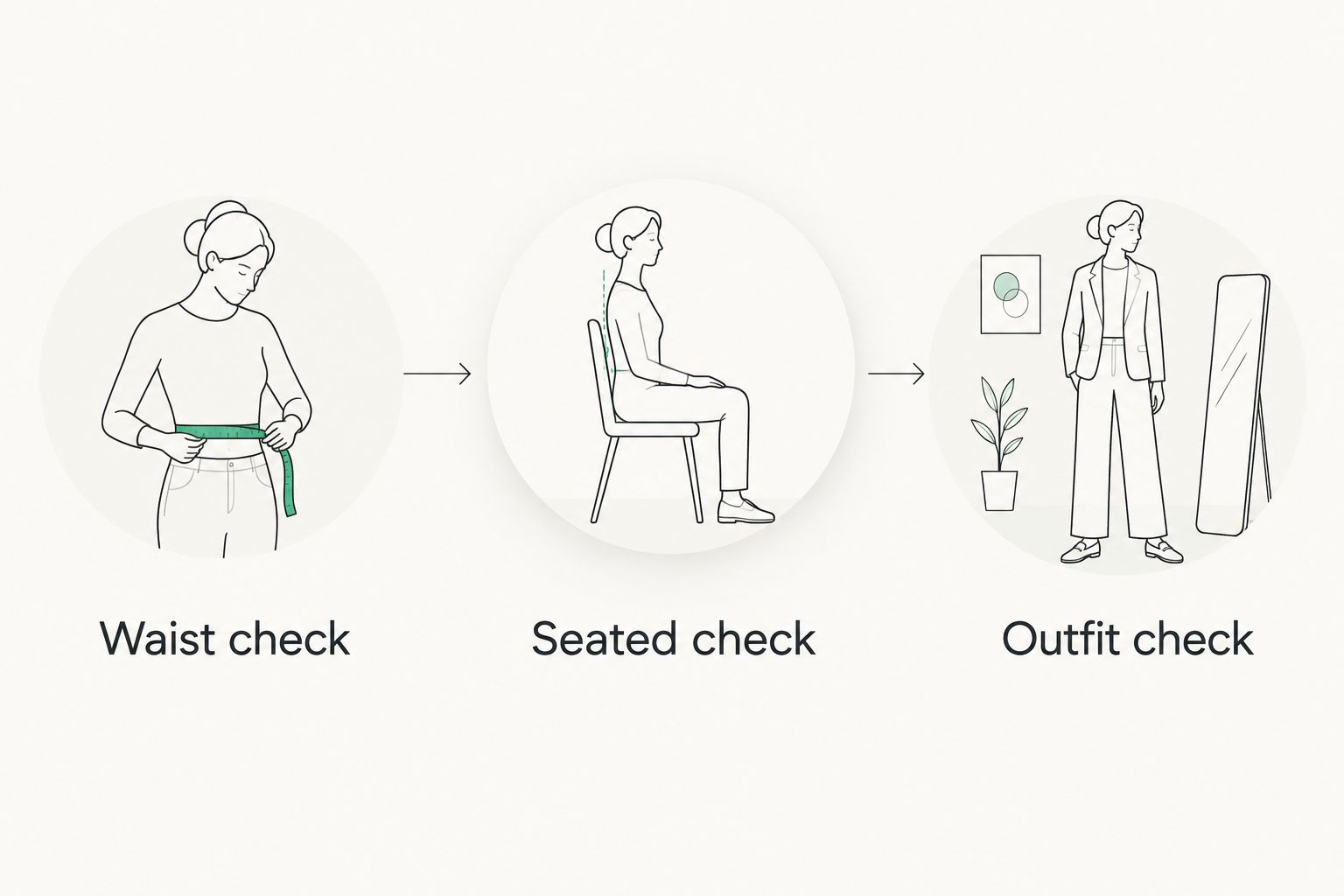 A fitting sequence showing waist, seated and outfit checks for men's shorts